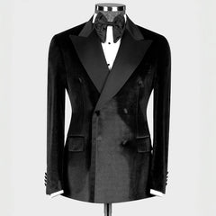 Mind Black Peaked Lapel Double Breasted Velvet Prom Suit