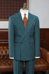 Mint Green Double Breasted Striped Business Suit for Men