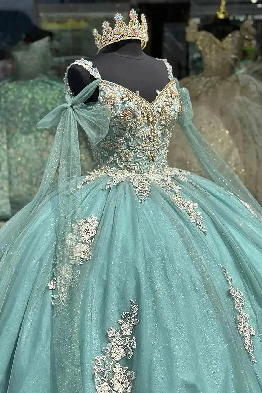 Mint Green Quinceanera Dresses Ball Gown 2024 Glitter Tulle Sweetheart 3D Flowers Lace Appliques Beaded Sweet 16 Dress For Women