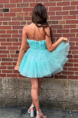 Mint Ruched A Line Homecoming Dresses Ruffled Strapless Short Cocktail Dresses