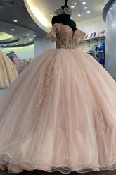 Modern Ball Gown Off Shoulder Sleeveless Lace Appliques Beaded Lace Up Sweep Train Blush Pink Tulle Quinceanera Dress Princess Gown For Sweet 16