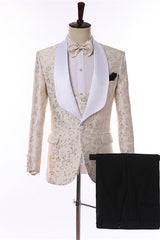 Modern Champagne Jacquard 3 Piece Wedding Suit