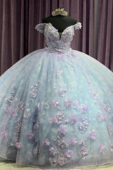 Modern & Chic Ball Gown Off Shoulder V Neck 3D Flower Applique Princess Birthday Evening Party Gown Quinceanera Dress For Sweet 16