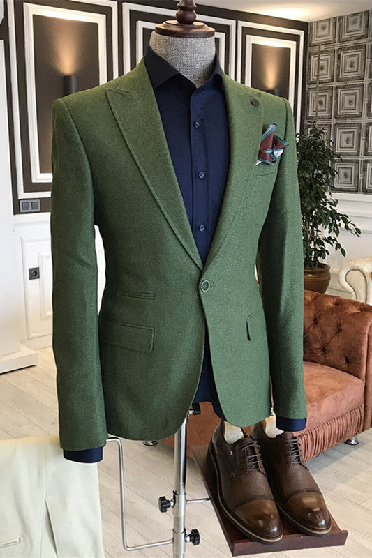 Modern Dark Green Peaked Lapel Men's Prom Suit