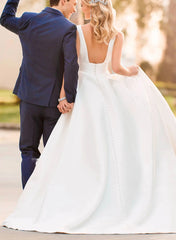 Modern Satin V Neck Ball Gown Wedding Dress