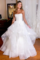 Modern Simple White Corset A-Line Asymmetrical Wedding Dress with Floral Accents