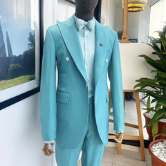 Modern Sky Blue Peaked Lapel 2 Piece Prom Suit