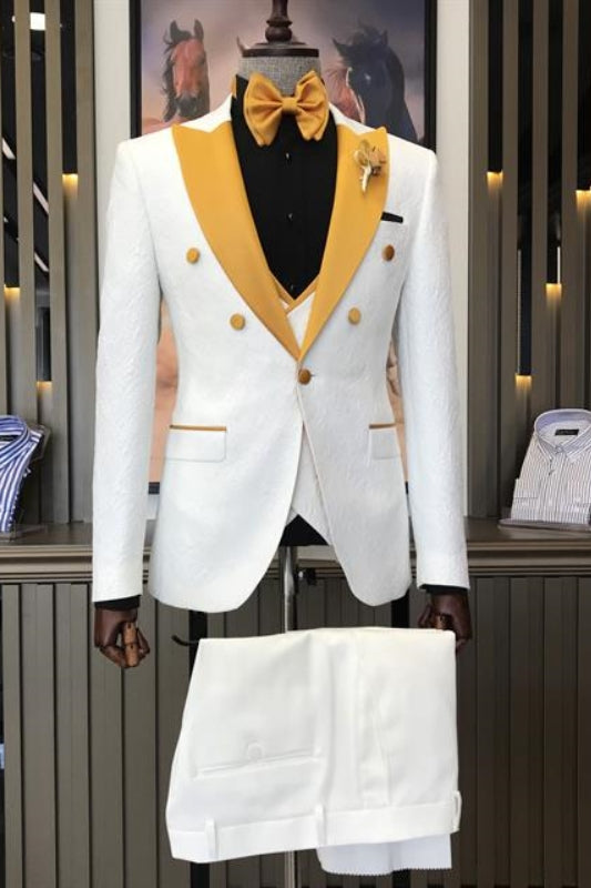 Modern White 3 Piece Jacquard Wedding Suit with Yellow Peaked Lapel