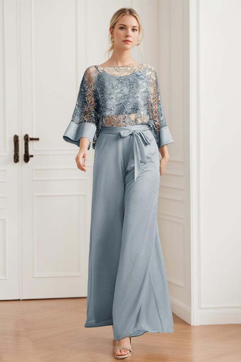 Mother of the Bride 2-Piece Chiffon Pantsuit Featuring Lace Appliques and Sequins