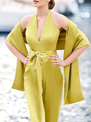 Mother of the Bride 2-Piece V-Neck Sleeveless Pantsuit with Bow Belt Floor Length