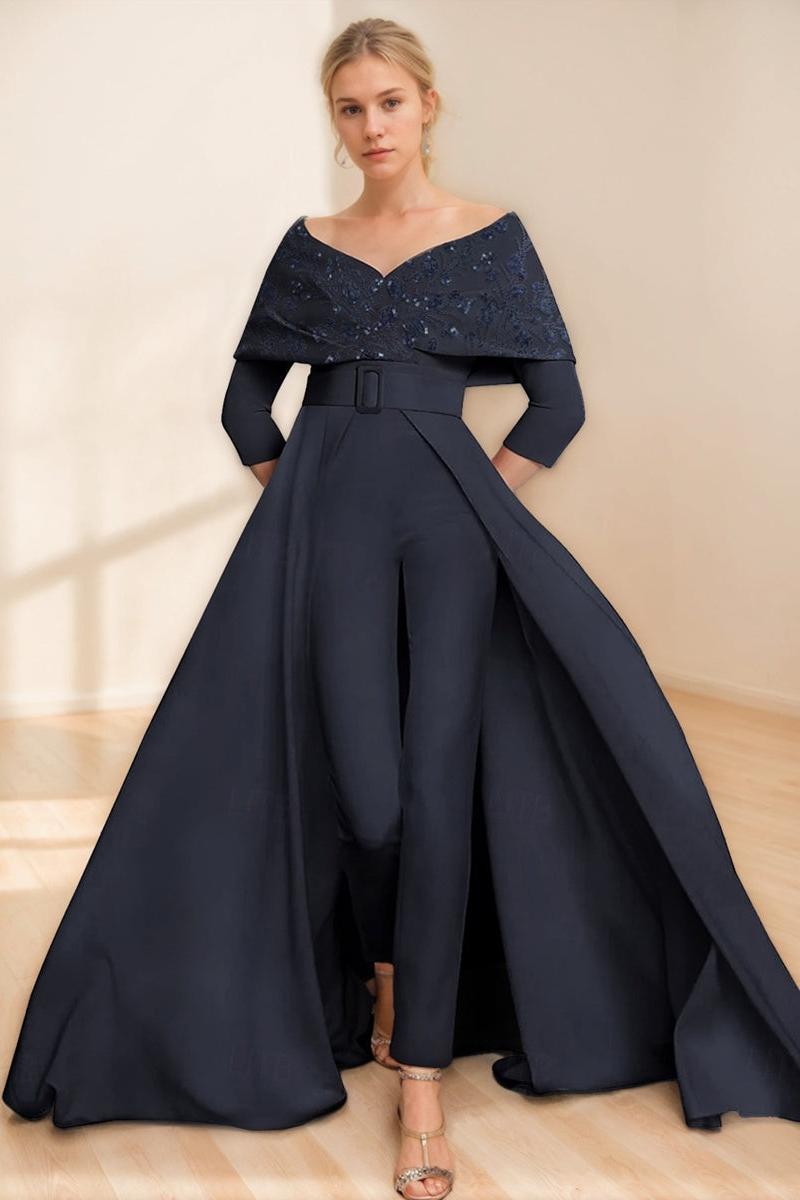 Mother of the Bride Off-the-Shoulder Pantsuit with 3/4 Sleeves Appliques and Belt