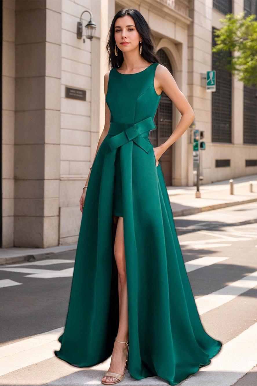 Mother of the Bride Scoop Neck A-Line/Princess Dress with High Split and Bow