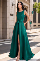 Mother of the Bride Scoop Neck A-Line/Princess Dress with High Split and Bow