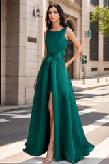 Mother of the Bride Scoop Neck A-Line/Princess Dress with High Split and Bow