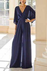Mother of the Bride V-Neck Chiffon Pantsuit Featuring Pockets
