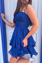 Navy A Line Homecoming Dresses Spaghetti Straps Short Cocktail Dresses With Ruffles