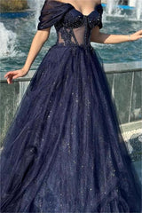 Navy A Line Prom Dress Cap Sleeve Off the Shoulder Formal Dress With Sequins