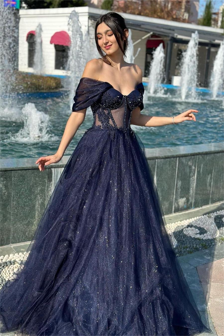 Navy A Line Prom Dress Cap Sleeve Off the Shoulder Formal Dress With Sequins