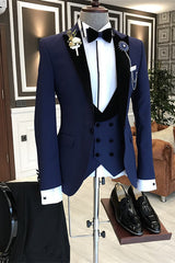 Navy Blue 3 Piece Business Suit with Black Peaked Lapel