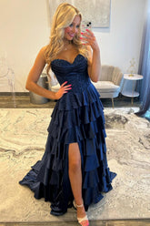 Navy Blue A-Line Sweetheart Corset Prom Dress With Tiered Skirt Formal Evening Gown