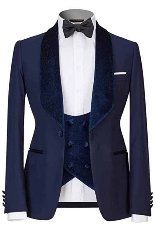 Navy Blue Close Fitting Three Piece Wedding Suit for Men