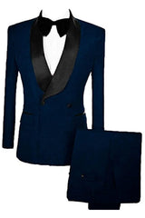 Navy Blue Double Breasted Jacquard Wedding Suit with Velvet Lapel