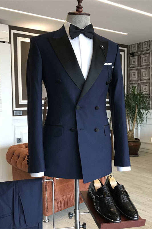 Navy Blue Double Breasted Peaked Lapel Business Suit