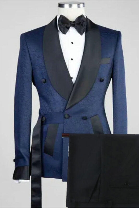 Navy Blue Jacquard Double Breasted Shawl Lapel Wedding Suit