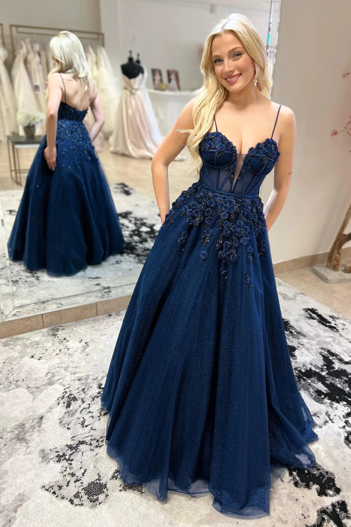 Navy Blue Prom Dress Straps Plunging V Floral Beaded Long Evening Dress