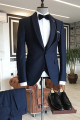 Navy Blue Shawl Lapel 3 Piece Wedding Suit