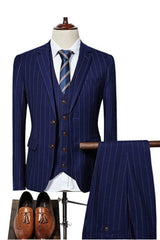 Navy Blue Striped 3 Piece Business Men's Suit