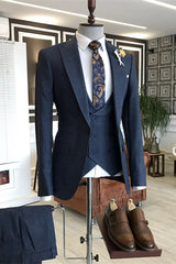 Navy Blue Three Piece Peaked Lapel Business Suit