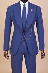 Navy Blue Three Piece Peaked Lapel Prom Suit
