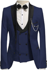 Navy Blue Three Piece Peaked Lapel Prom Suit