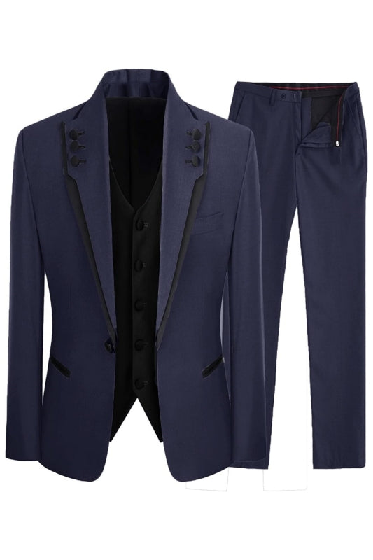 Navy Blue Three Piece Shawl Lapel Prom Suit