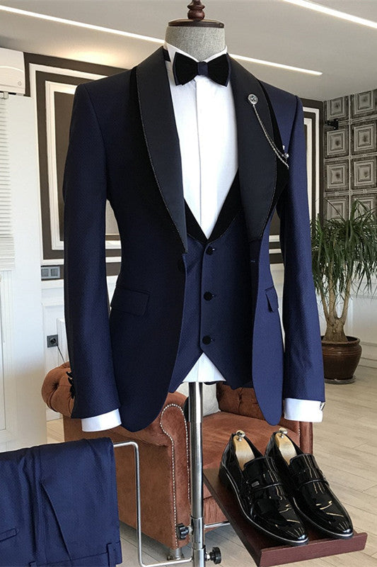 Navy Blue Three Piece Shawl Lapel Wedding Suit