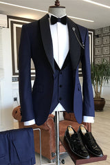 Navy Blue Three Piece Shawl Lapel Wedding Suit
