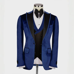Navy Blue Three Piece Velvet Peaked Lapel Prom Suit