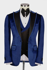 Navy Blue Three Piece Velvet Peaked Lapel Prom Suit
