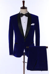 Navy Blue Two Piece Velvet Shawl Lapel Wedding Suit