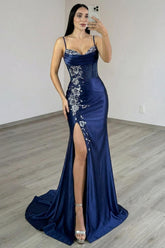 Navy Floral Satin Prom Dress Beaded Mermaid Corset Long Formal Dress With Slit