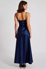 Navy Formal Dress Satin A Line Spaghetti Straps Long Wedding Guest Dress