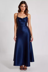 Navy Formal Dress Satin A Line Spaghetti Straps Long Wedding Guest Dress
