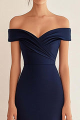 Navy Formal Dress Satin Long Off The Shoulder Mermaid Ruched Wedding Guest Dress