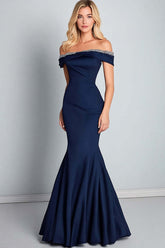 Navy Formal Dress Satin Off The Shoulder Long Mermaid Wedding Guest Dress With Beading