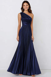 Navy Formal Dress Satin One Shoulder Long Pleated Mermaid Wedding Guest Dress