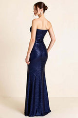 Navy Formal Dress Sequin Strapless Long Mermaid Wedding Guest Dress With Slit
