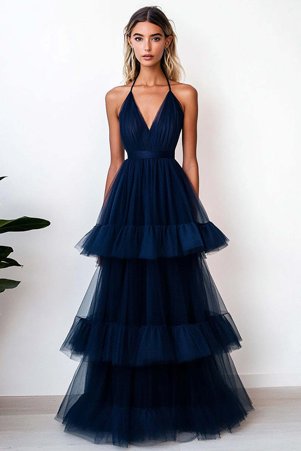 Navy Formal Dress Tulle Halter Long A Line Tiered Wedding Guest Dress With Ruffles