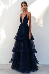 Navy Formal Dress Tulle Spaghetti Straps Tiered A Line Long Wedding Guest Dress