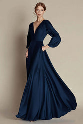 Navy Formal Dress V-Neck A Line Satin Long Wedding Guest Dress With Long Sleeves